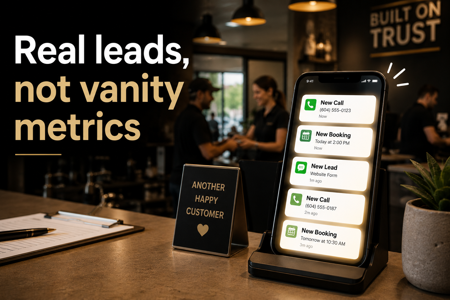 Real leads, not vanity metrics — a phone filling with new call and booking notifications